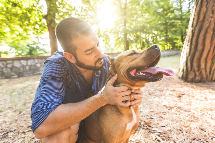 Portrait of a man with dog at park